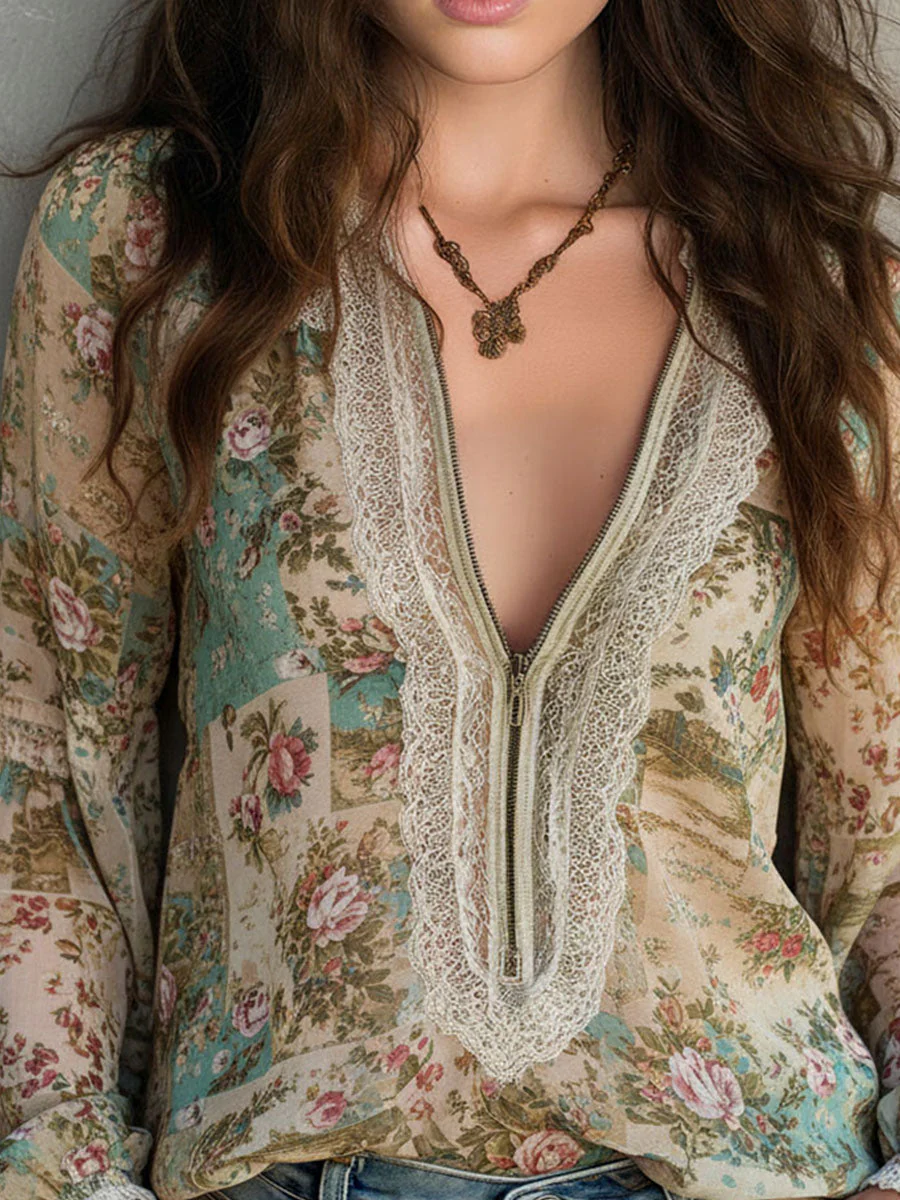 Vintage Boho Zipper Sage Green Floral Chiffon Lace Trim Blouse - Image 2