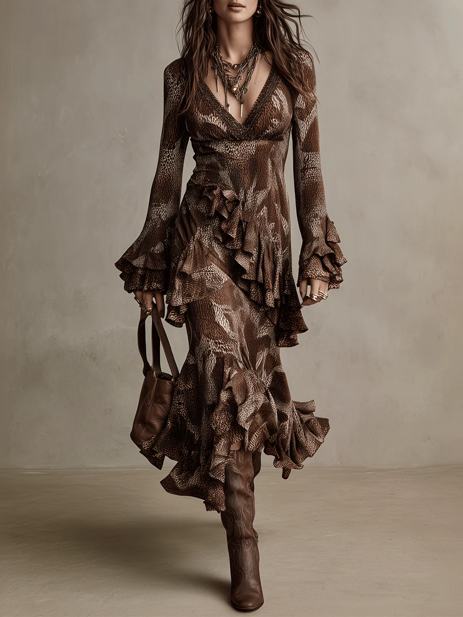 Vintage Brown Flounce Long Sleeve Gown Maxi Dress