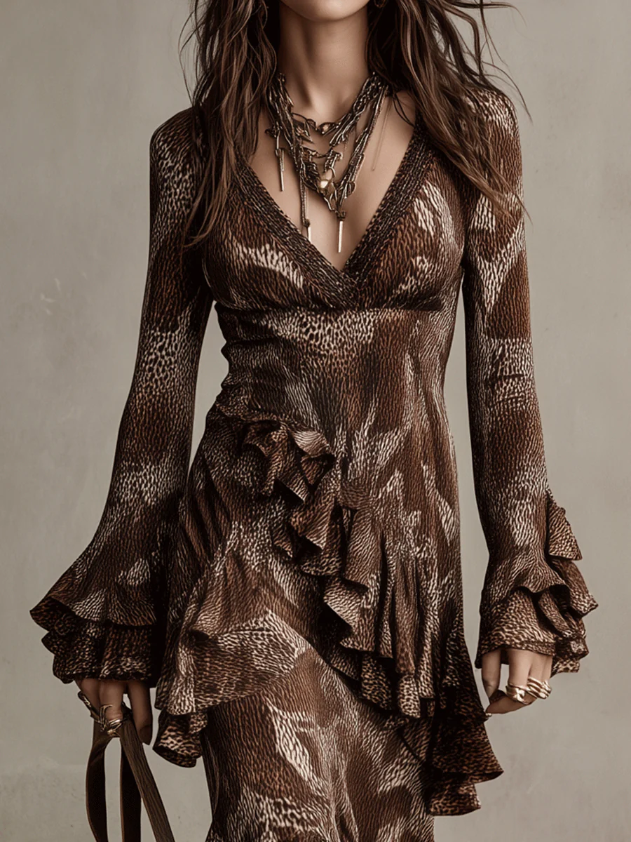 Vintage Brown Flounce Long Sleeve Gown Maxi Dress - Image 2