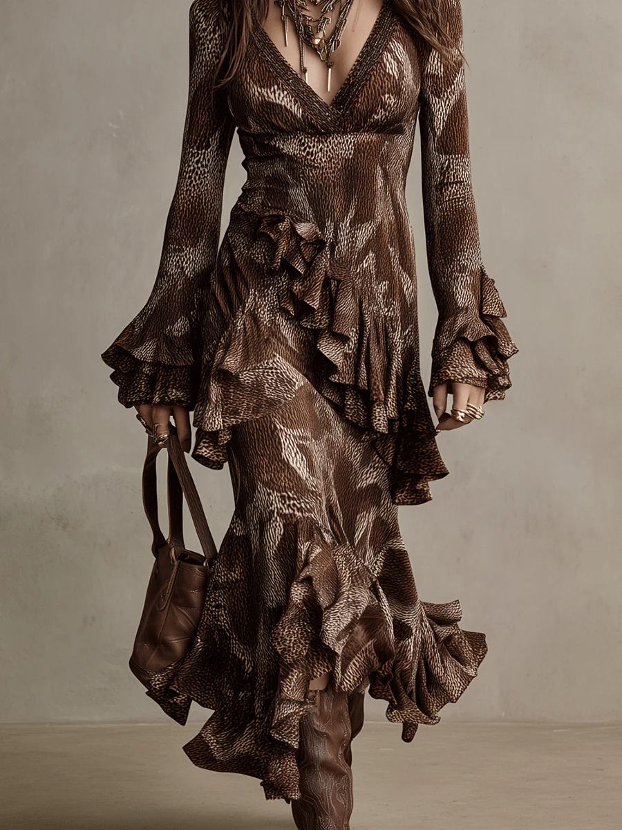 Vintage Brown Flounce Long Sleeve Gown Maxi Dress - Image 3