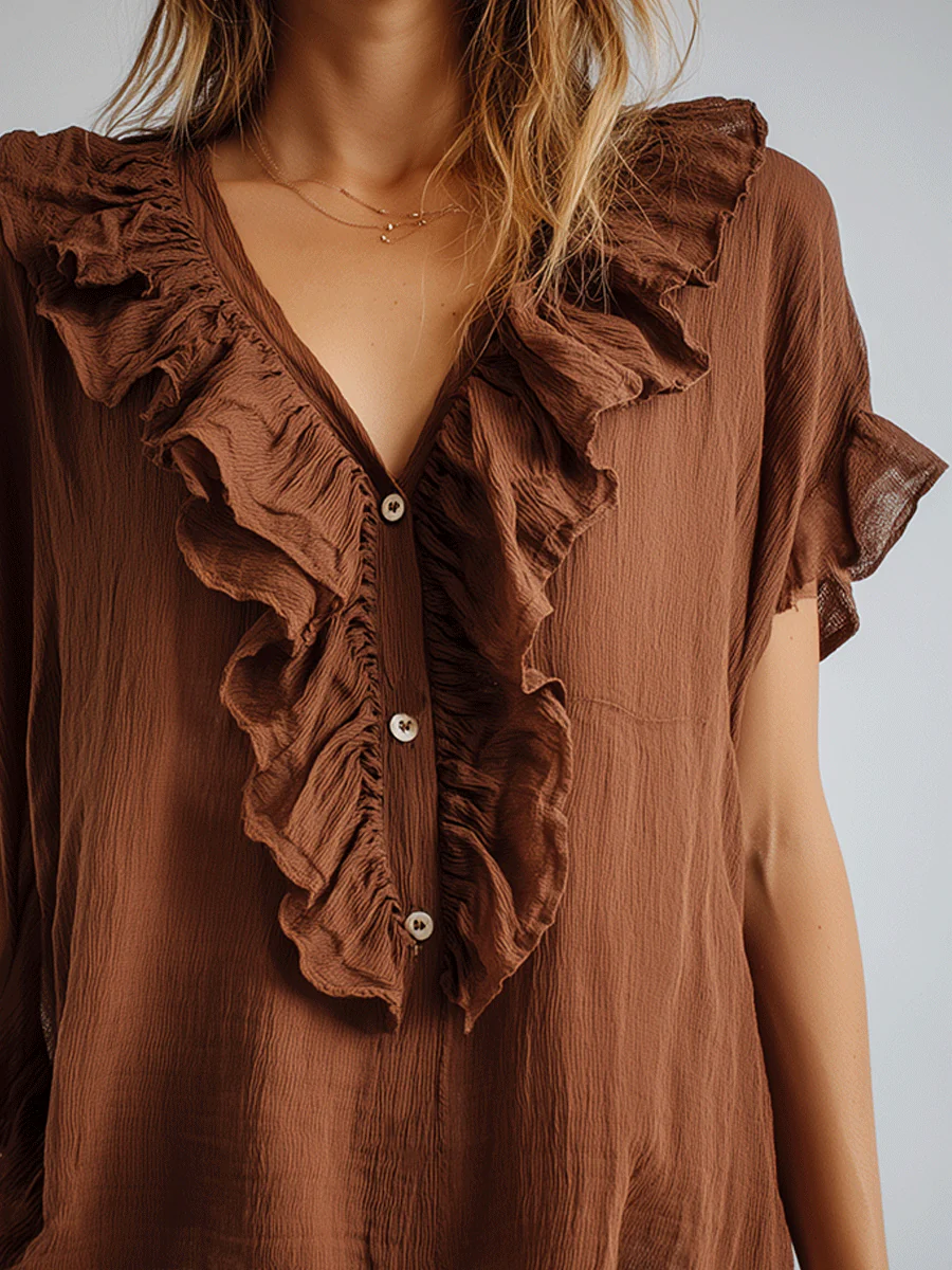 Vintage Brown Ruffled V-Neck Boho Blouse - Image 2