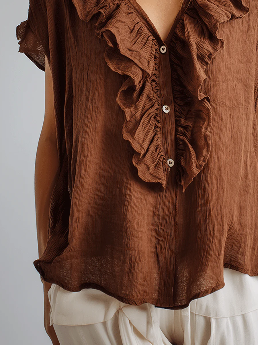 Vintage Brown Ruffled V-Neck Boho Blouse - Image 3