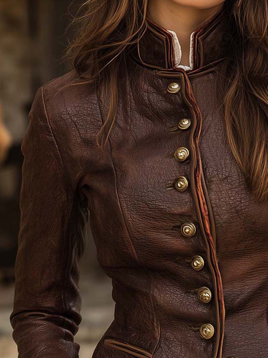 Vintage Brown Stand-up Collar Contrasting Edge Slim Fit Textured PU Jacket - Image 3