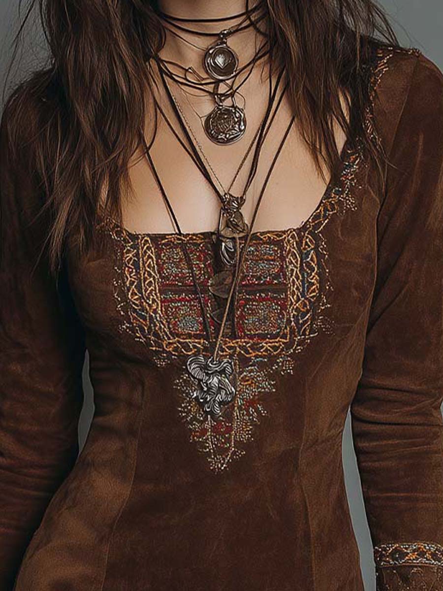 Vintage Brown Suede Mini Dress With Embroidered Detailing - Image 2