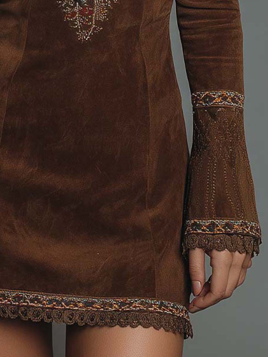 Vintage Brown Suede Mini Dress With Embroidered Detailing - Image 3