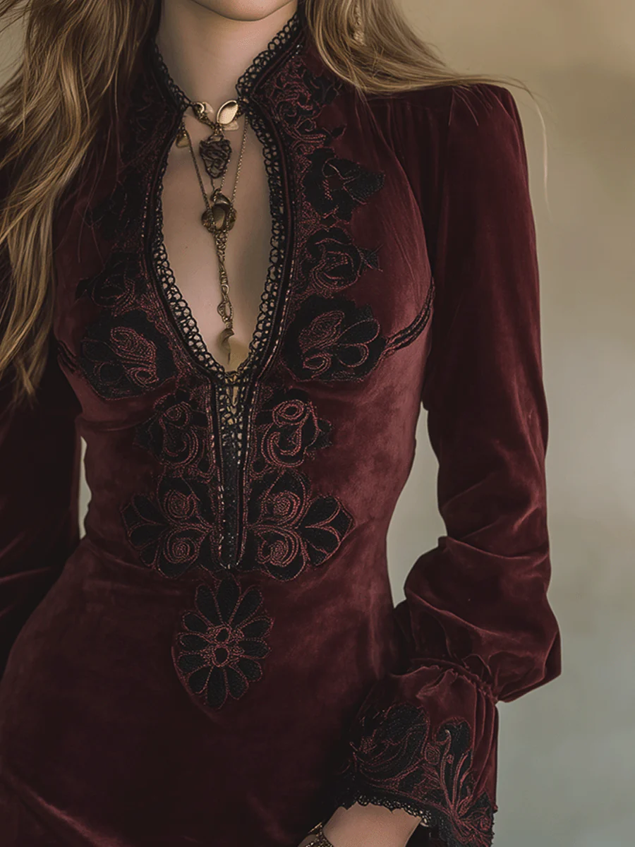 Vintage Burgundy Baroque Embroidered Velvet Deep-V Mini Dress - Image 2