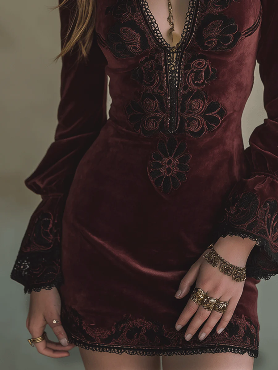 Vintage Burgundy Baroque Embroidered Velvet Deep-V Mini Dress - Image 3