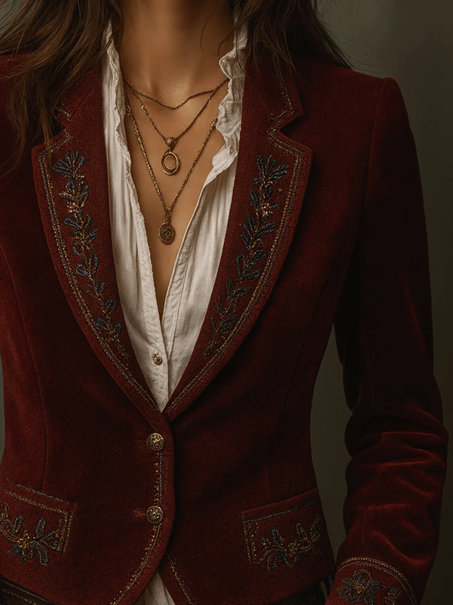 Vintage Burgundy Boho Stitching Velvet Jacket - Image 2