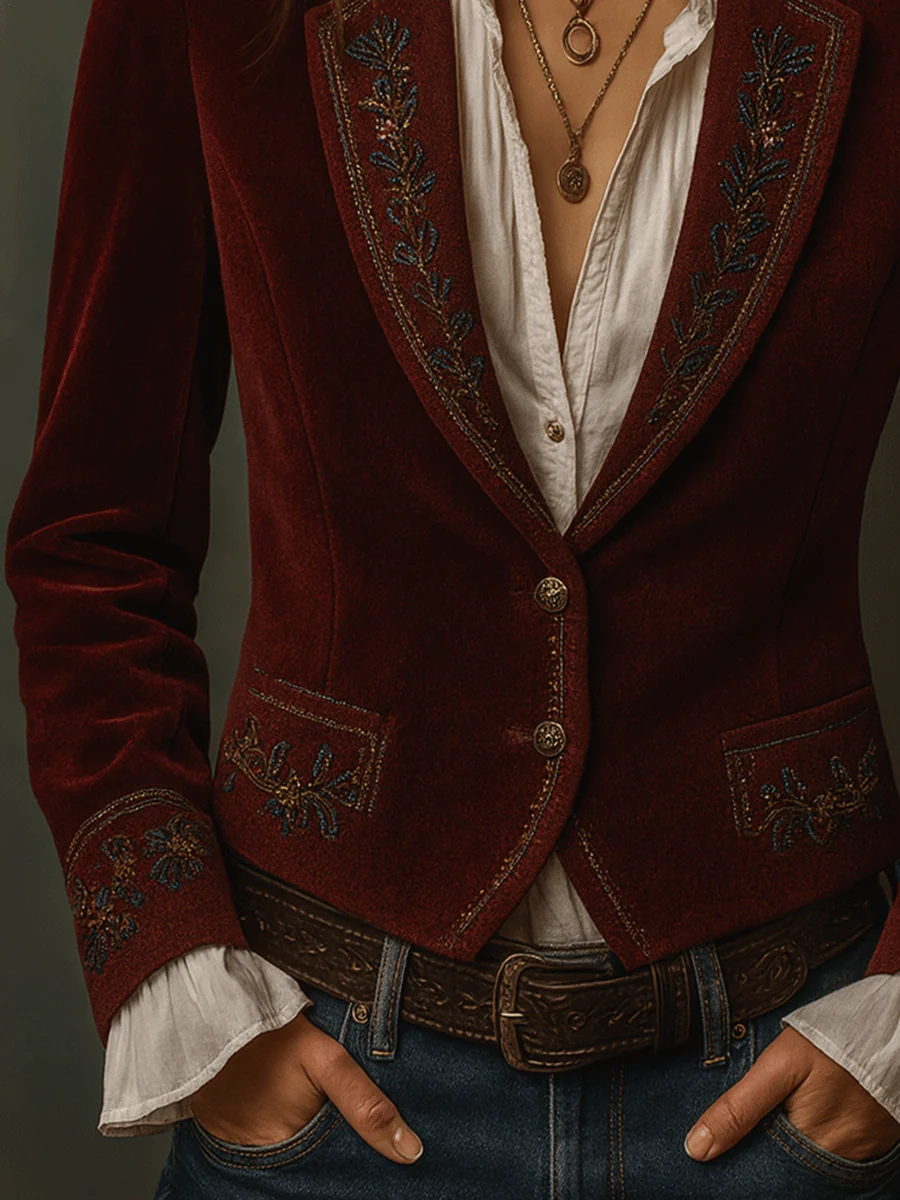 Vintage Burgundy Boho Stitching Velvet Jacket - Image 3