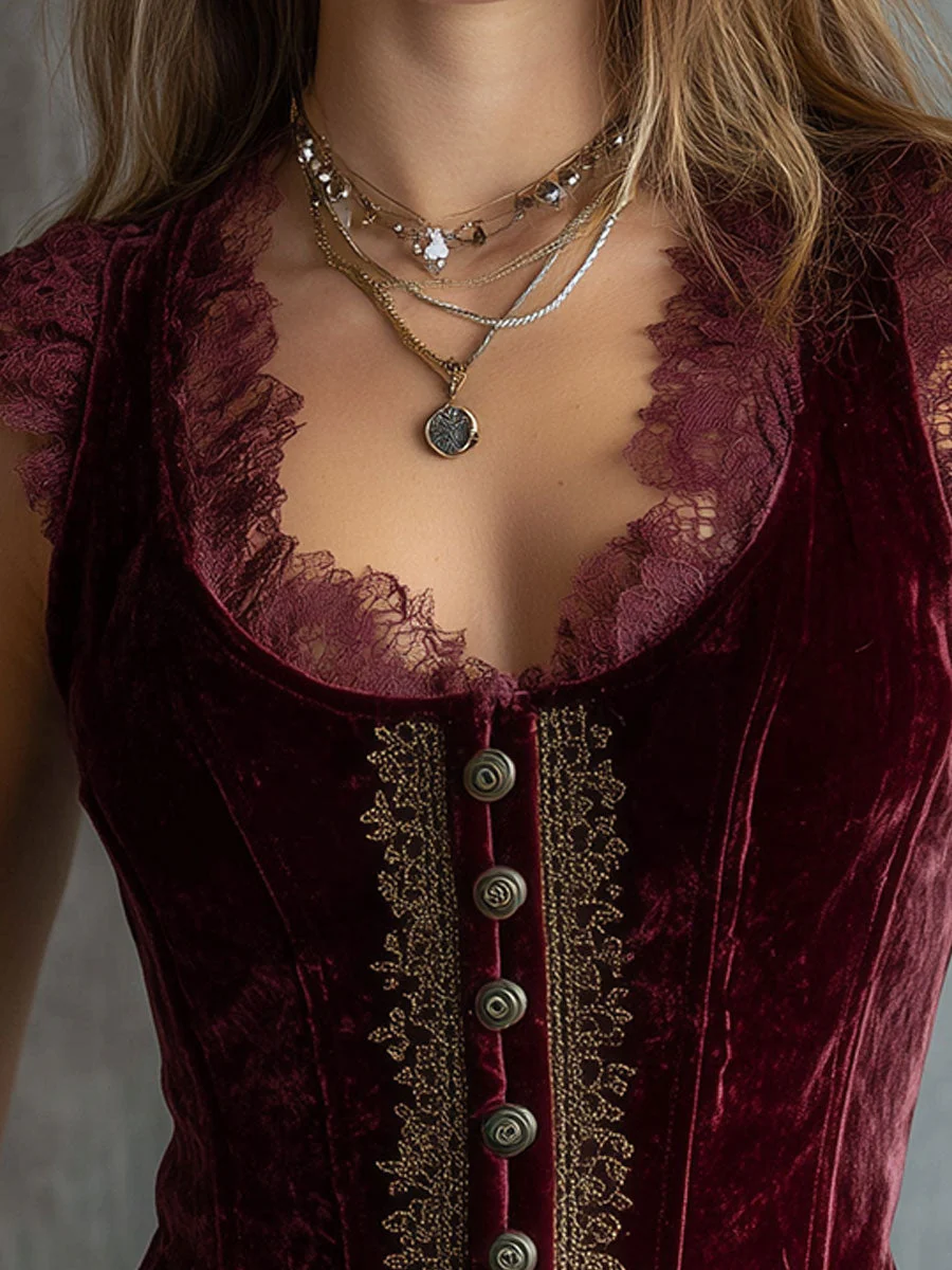 Vintage Burgundy Lace Patchwork Embroidered Vest - Image 2