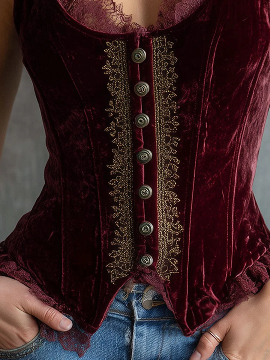 Vintage Burgundy Lace Patchwork Embroidered Vest - Image 3