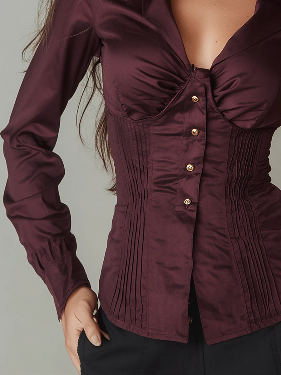 Vintage Burgundy Satin Hourglass-shaped Fitted Shirt - Image 3