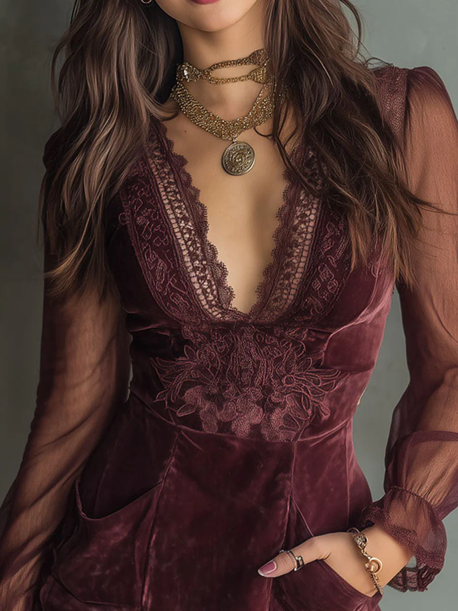 Vintage Burgundy Velvet And Lace Mini Dress With Sheer Sleeves - Image 2