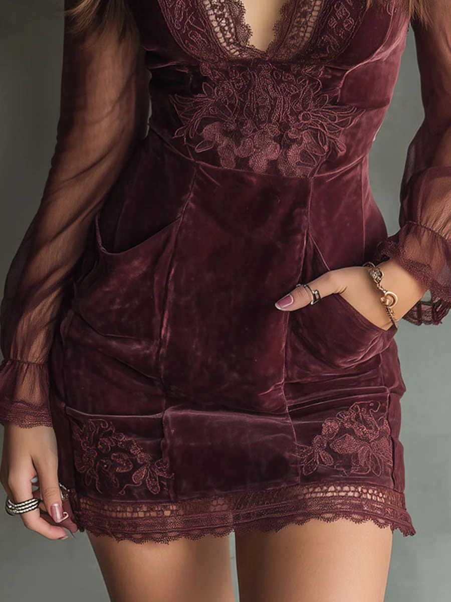 Vintage Burgundy Velvet And Lace Mini Dress With Sheer Sleeves - Image 3