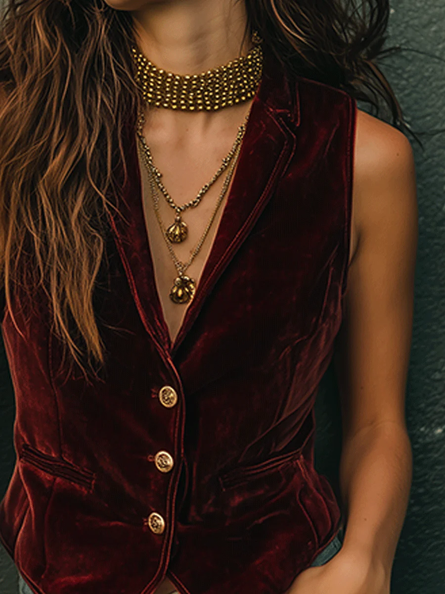 Vintage Burgundy Velvet Vest - Image 3