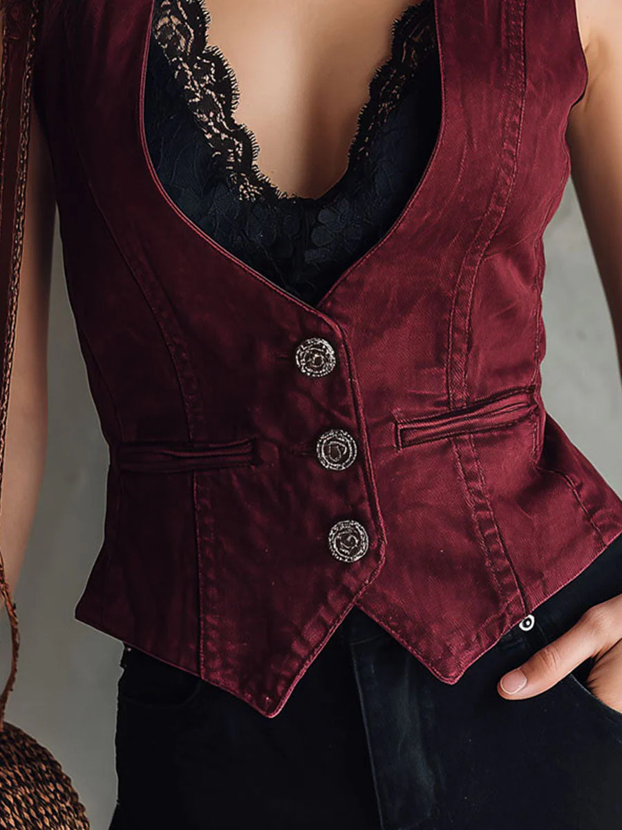 Vintage Button Deep Burgundy Denim Tailored Vest - Image 2