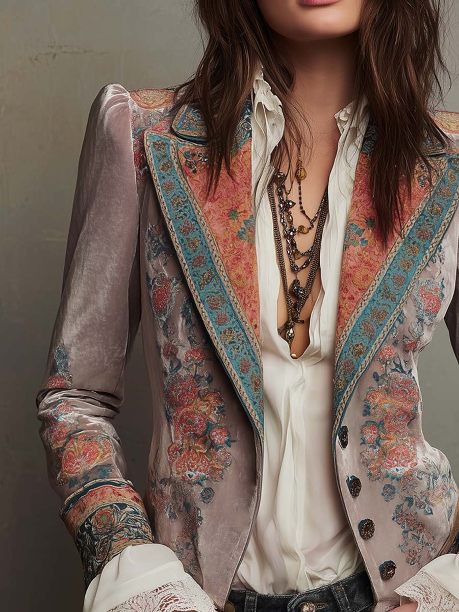 Vintage Button Floral Polyester Velvet Blazer - Image 2