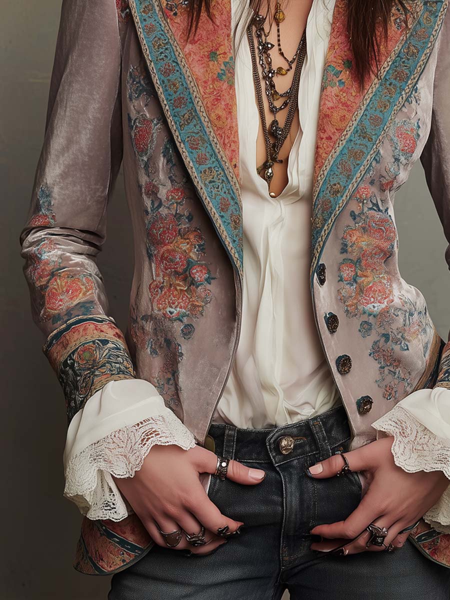 Vintage Button Floral Polyester Velvet Blazer - Image 4