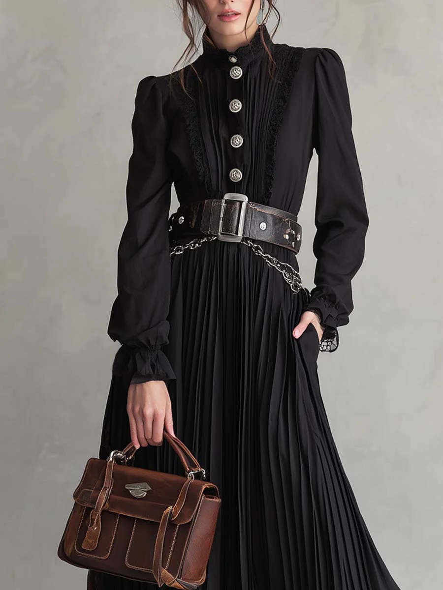 Vintage Button Lace Hem Pleated Midi Dress - Image 2