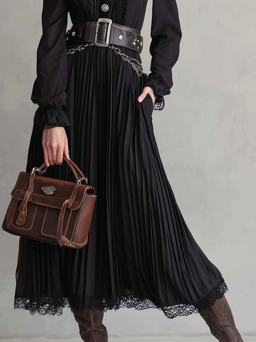 Vintage Button Lace Hem Pleated Midi Dress - Image 3