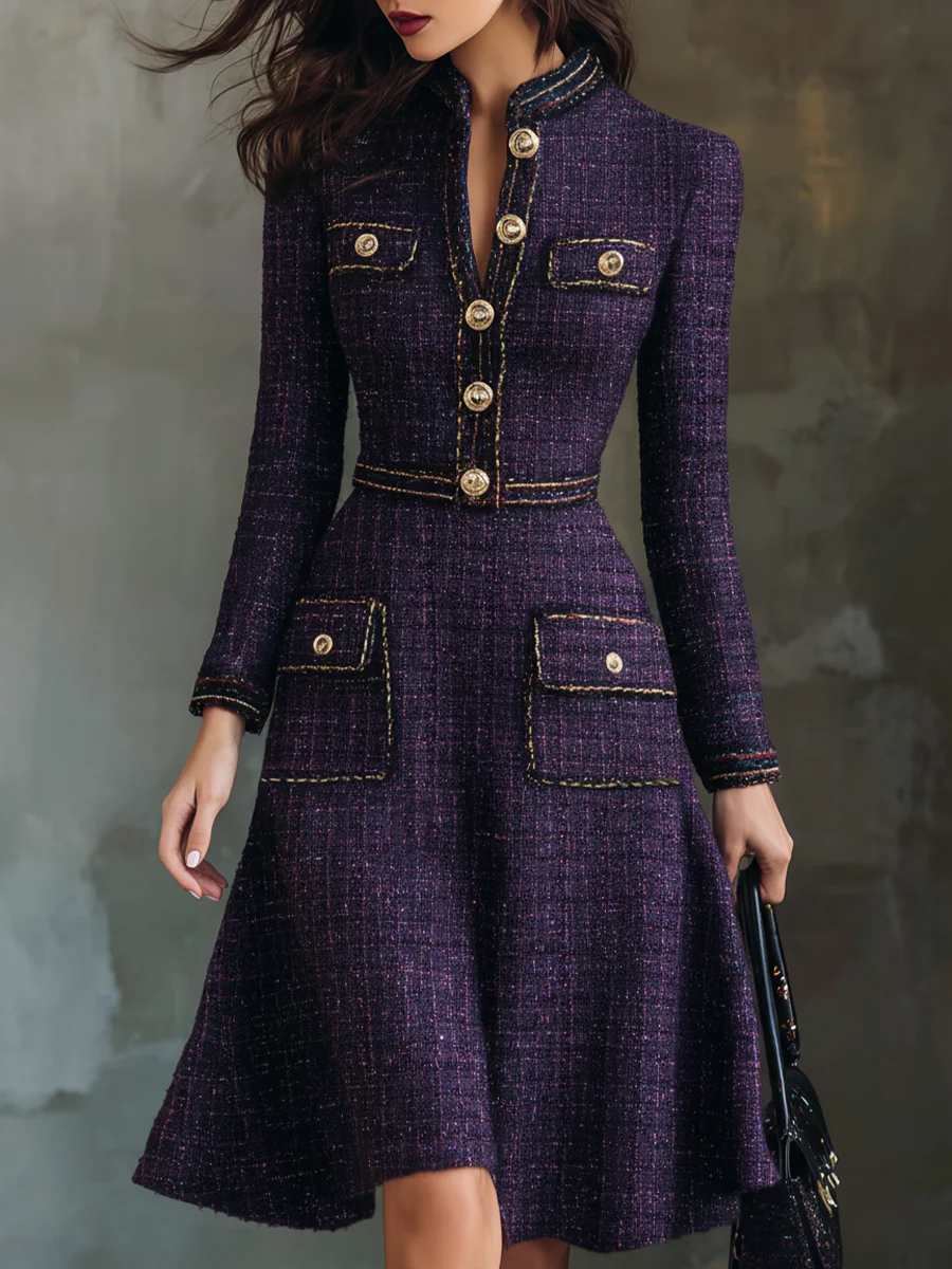 Vintage Buttons Chanel Style Tweed Midi Dress