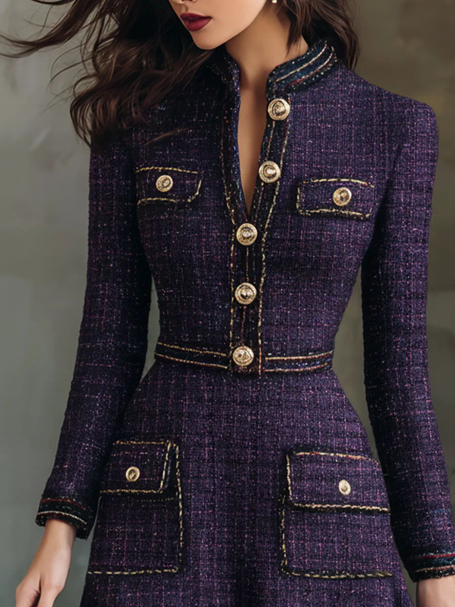 Vintage Buttons Chanel Style Tweed Midi Dress - Image 3