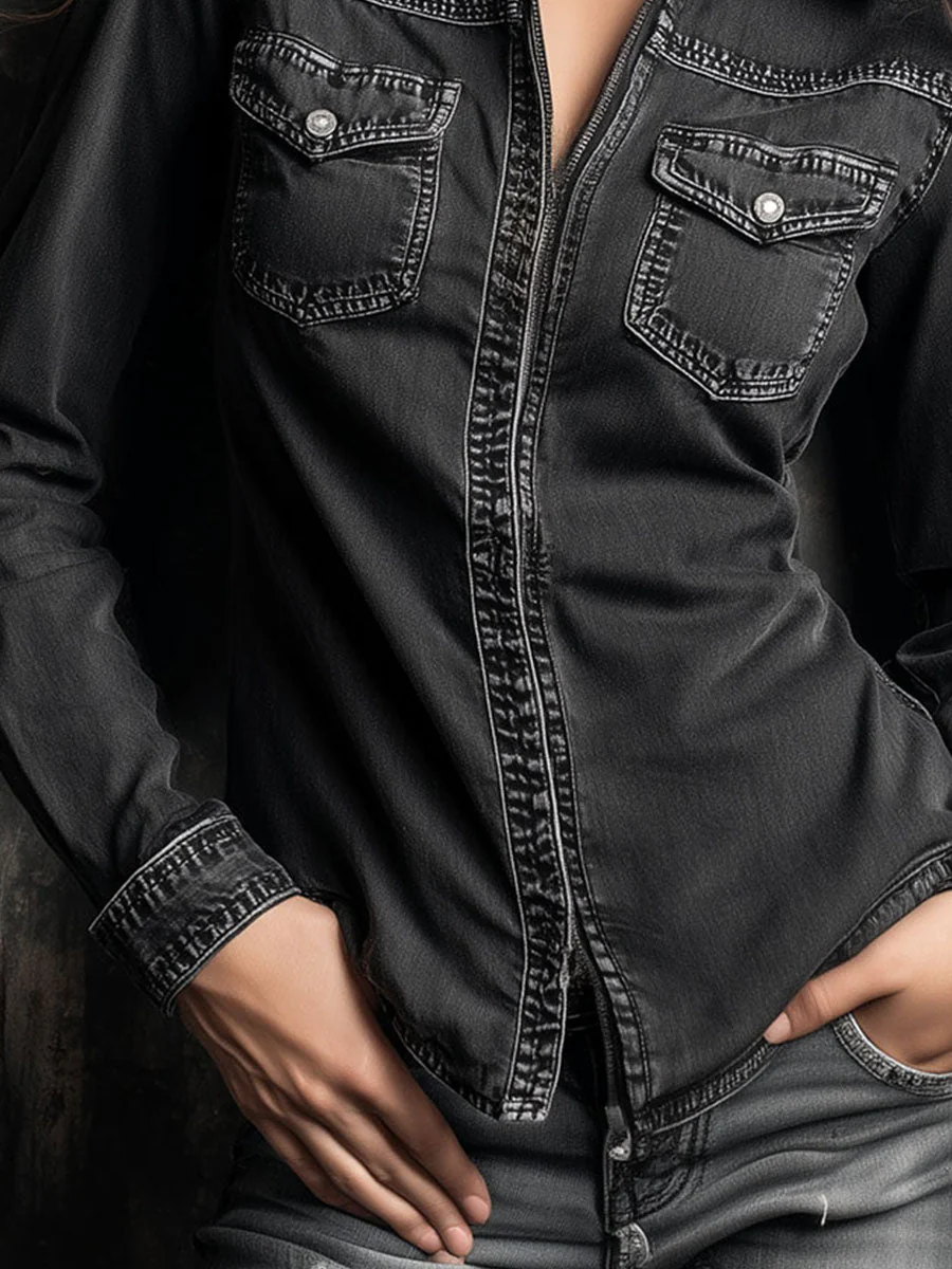 Vintage Charcoal Contrast Stitch Washed Denim Zip Shirt - Image 3