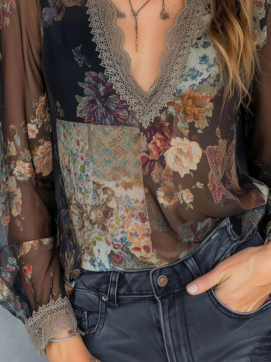 Vintage Charm V-Neck Sheer Patchwork Floral Lace Blouse - Image 3