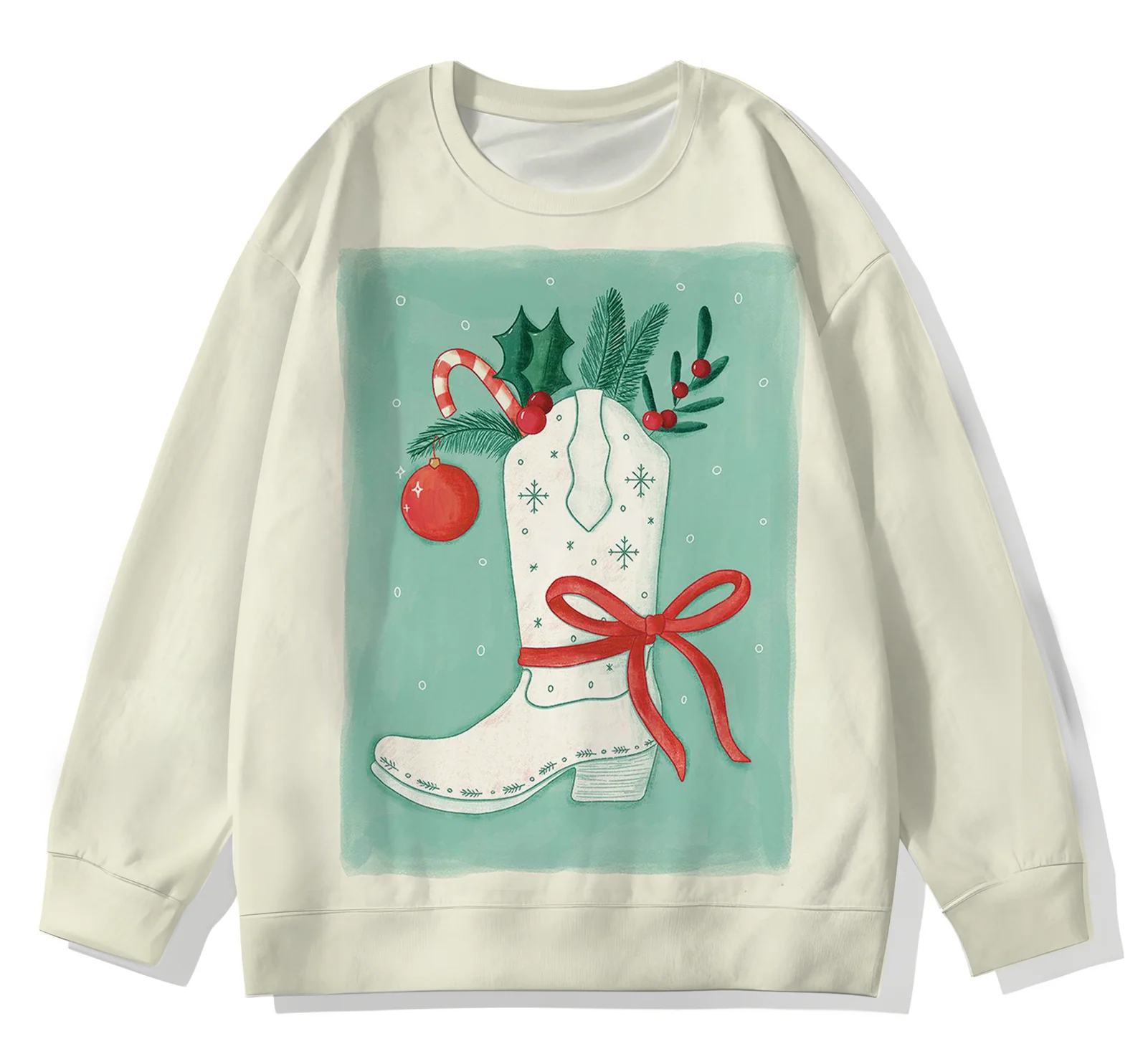Vintage Christmas Boots Printed Long Sleeve Casual Top