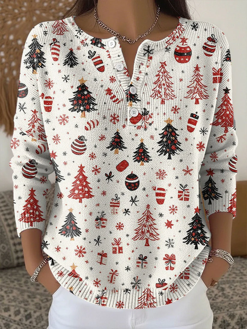 Vintage Christmas Knitted Button Long-Sleeved Sweater