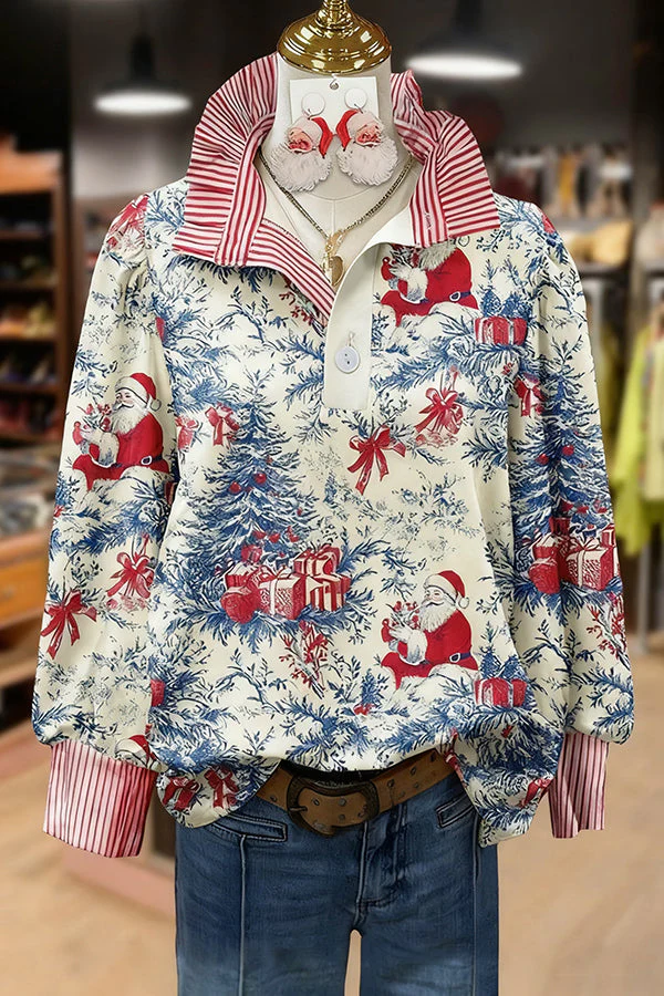 Vintage Christmas Santa Print Long Sleeve Top
