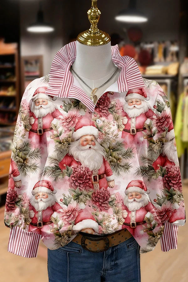 Vintage Christmas Santa Print Striped Long Sleeve Top