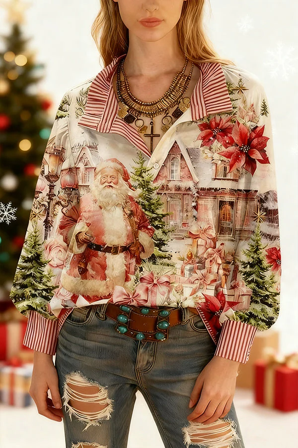Vintage Christmas Santa Print Striped Long Sleeve Top - Image 2