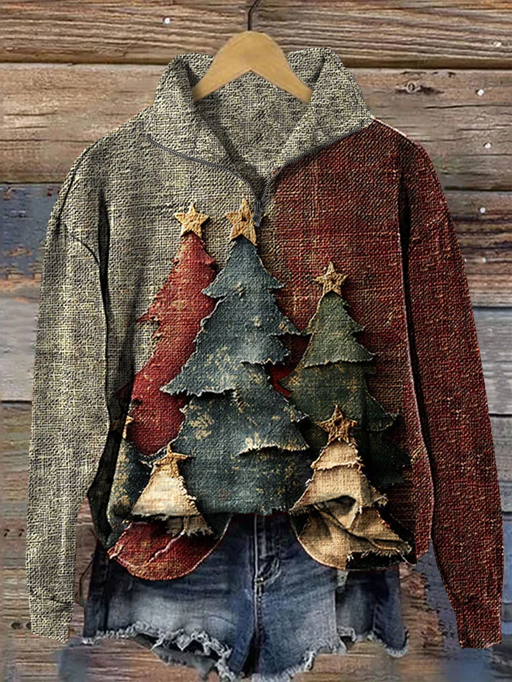 Vintage Christmas Tree Art Print Casual Sweatshirt - Image 10