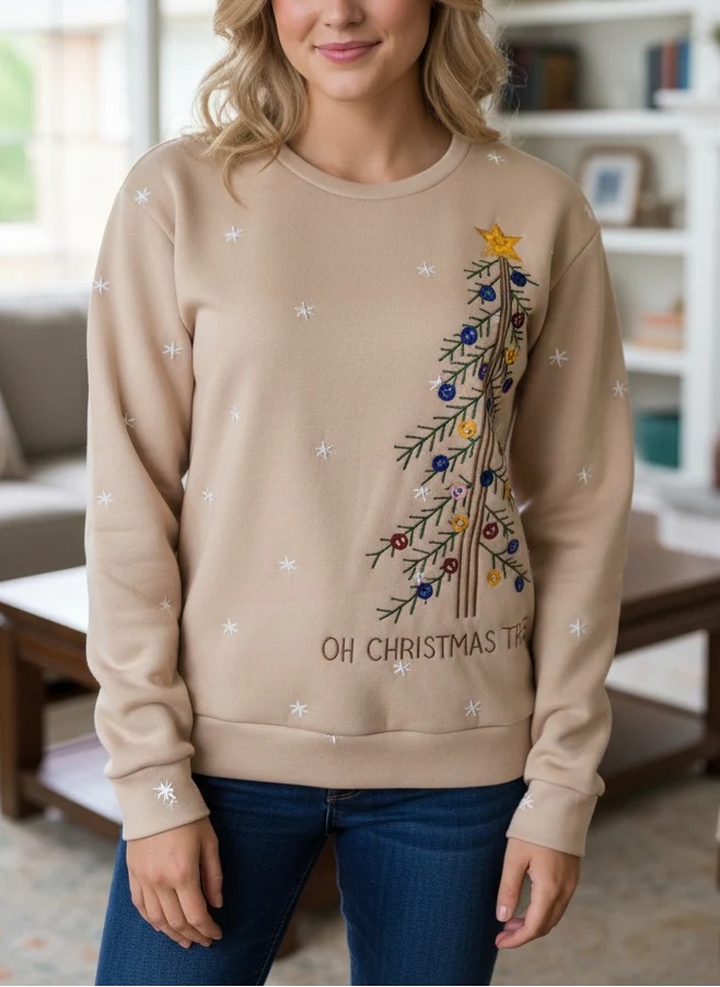 Vintage Christmas Tree Art Print Casual Sweatshirt - Image 3