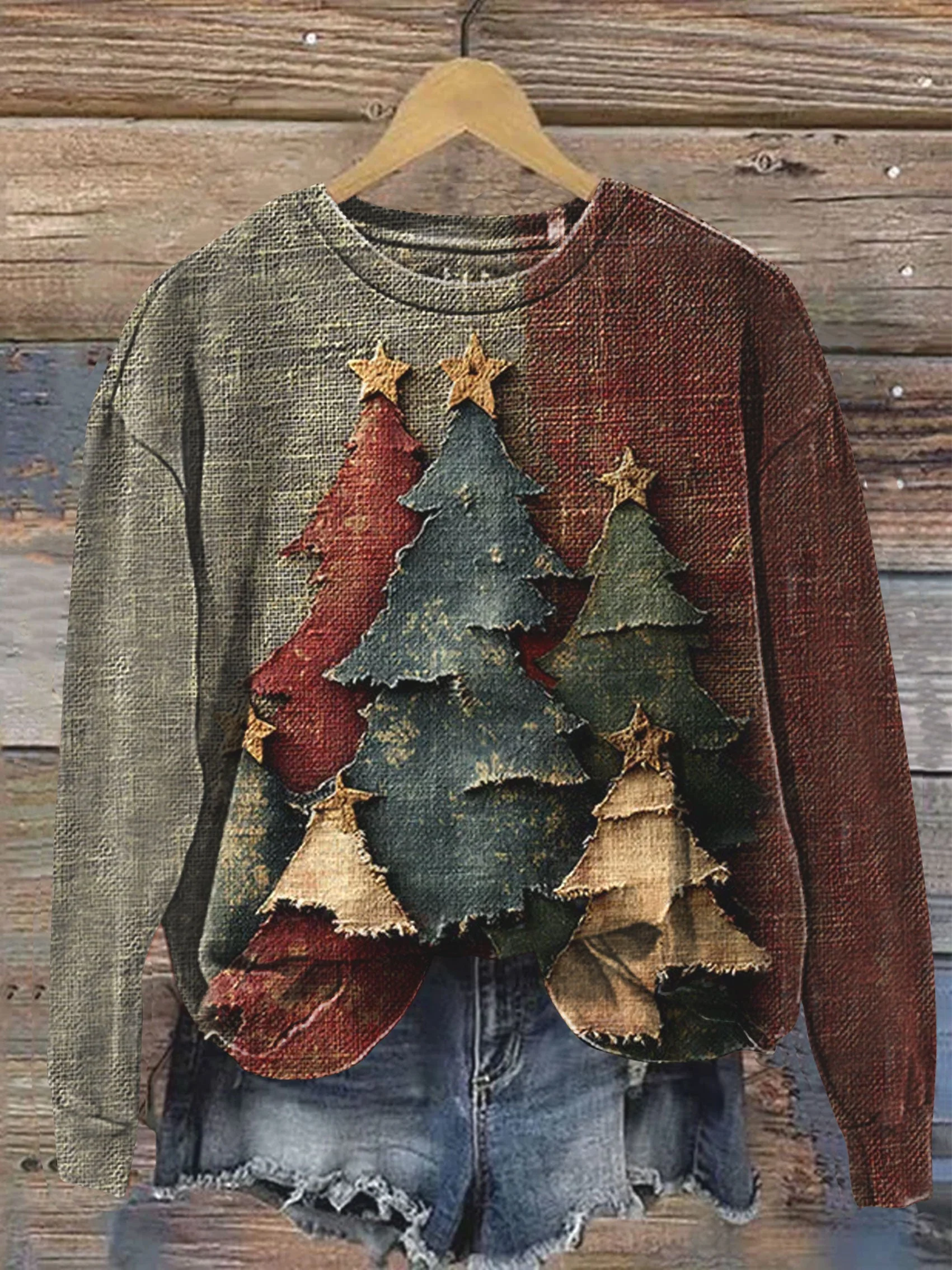 Vintage Christmas Tree Art Print Casual Sweatshirt - Image 5
