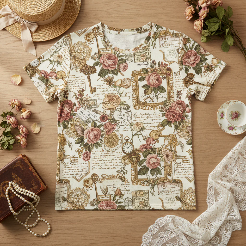 Vintage Collage Print T-Shirt - Romantic Retro Elements Tee