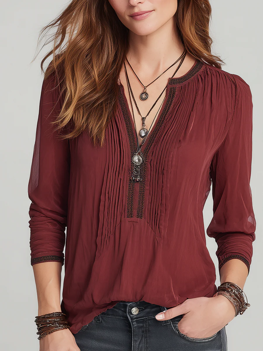 Vintage Contrast Trim Pleated Long Sleeve Henley Shirt
