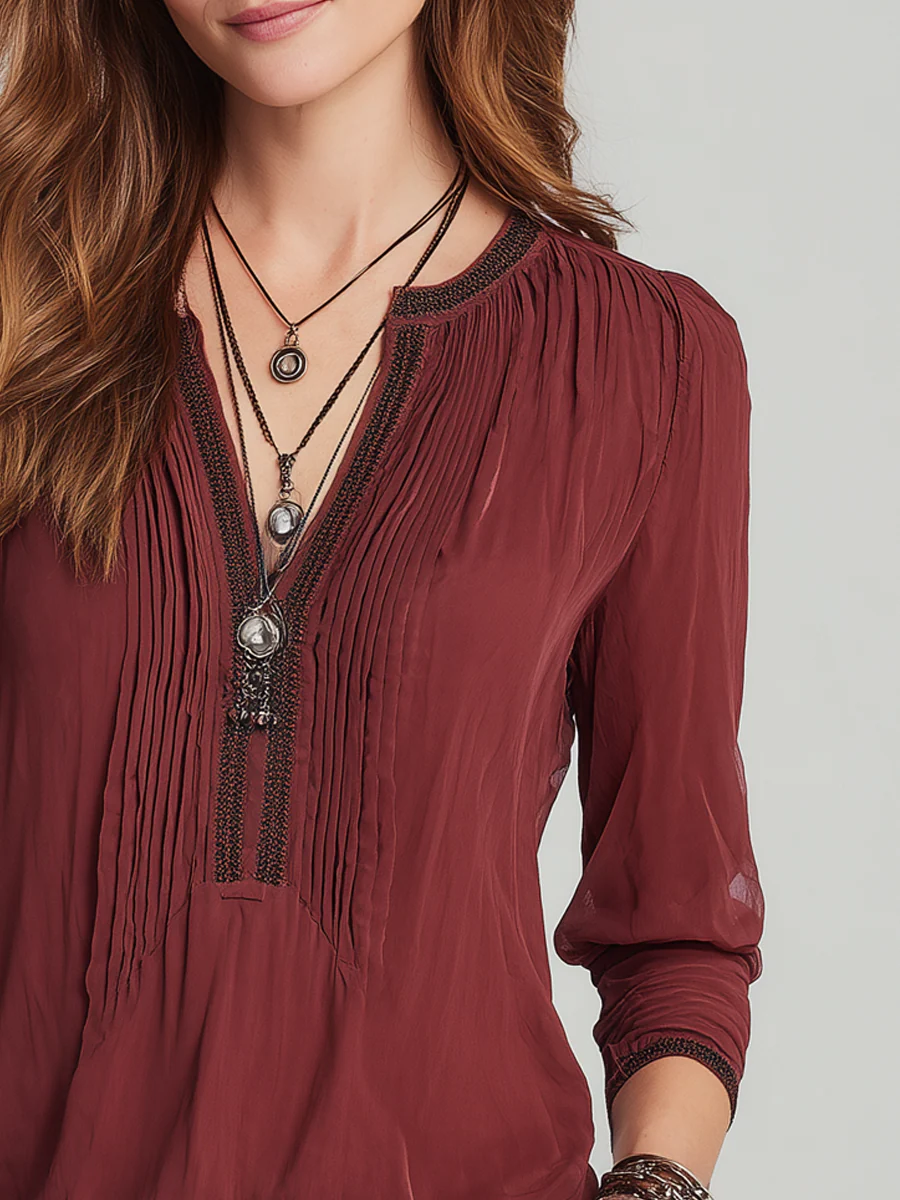 Vintage Contrast Trim Pleated Long Sleeve Henley Shirt - Image 3