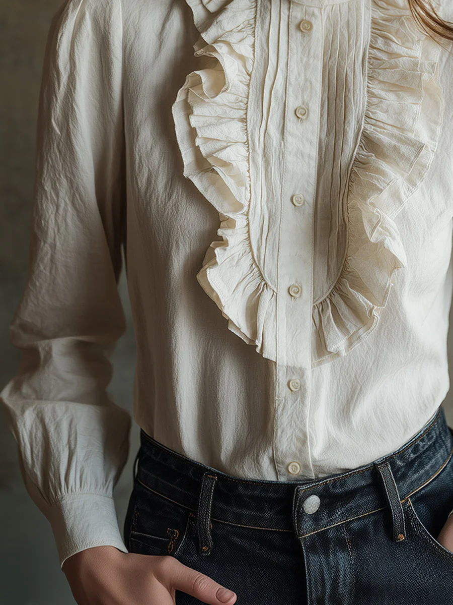 Vintage Cotton Blend Ruffle Placket Blouse - Image 2
