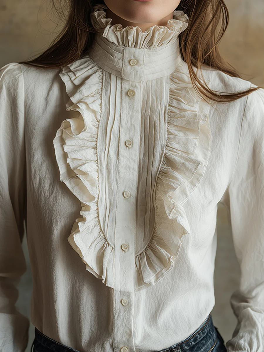 Vintage Cotton Blend Ruffle Placket Blouse - Image 3