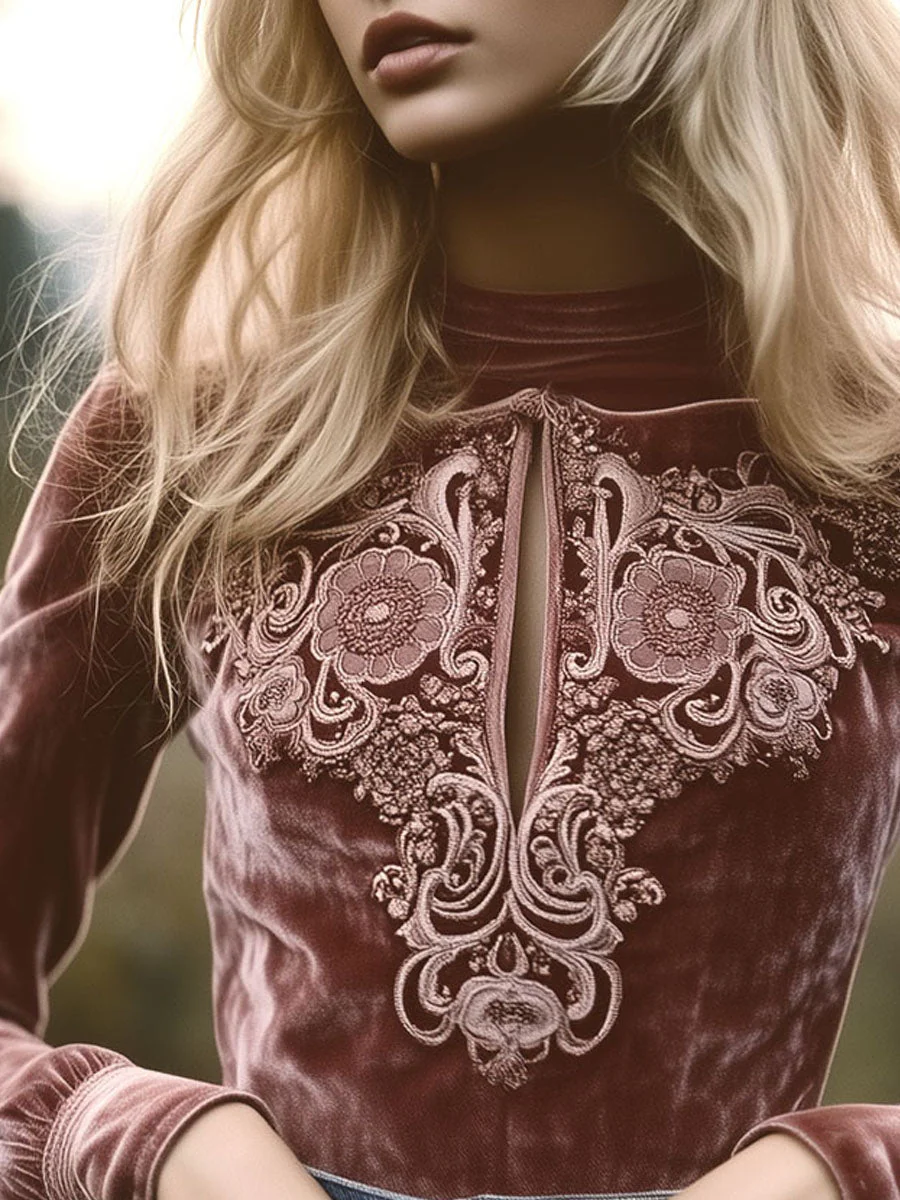 Vintage Cuffs Rose Velvet Embroidered Keyhole Blouse - Image 2