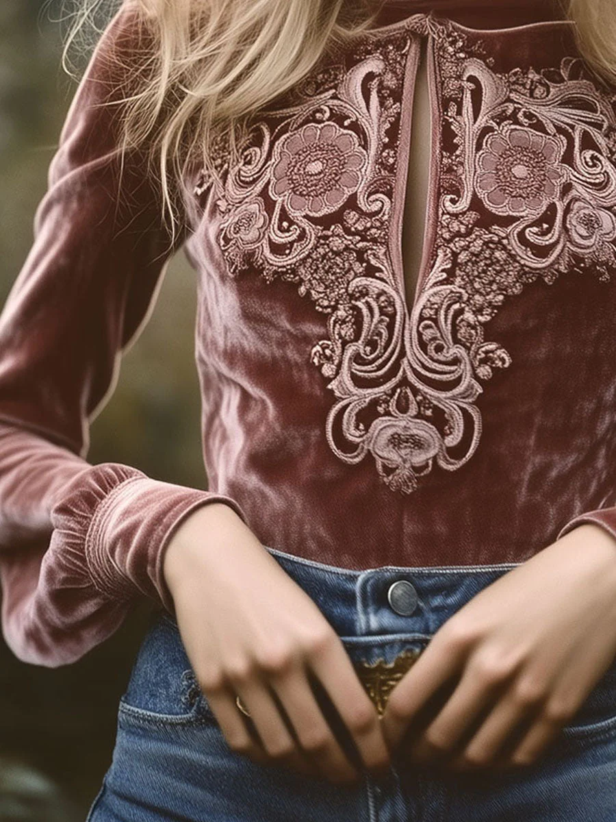 Vintage Cuffs Rose Velvet Embroidered Keyhole Blouse - Image 3