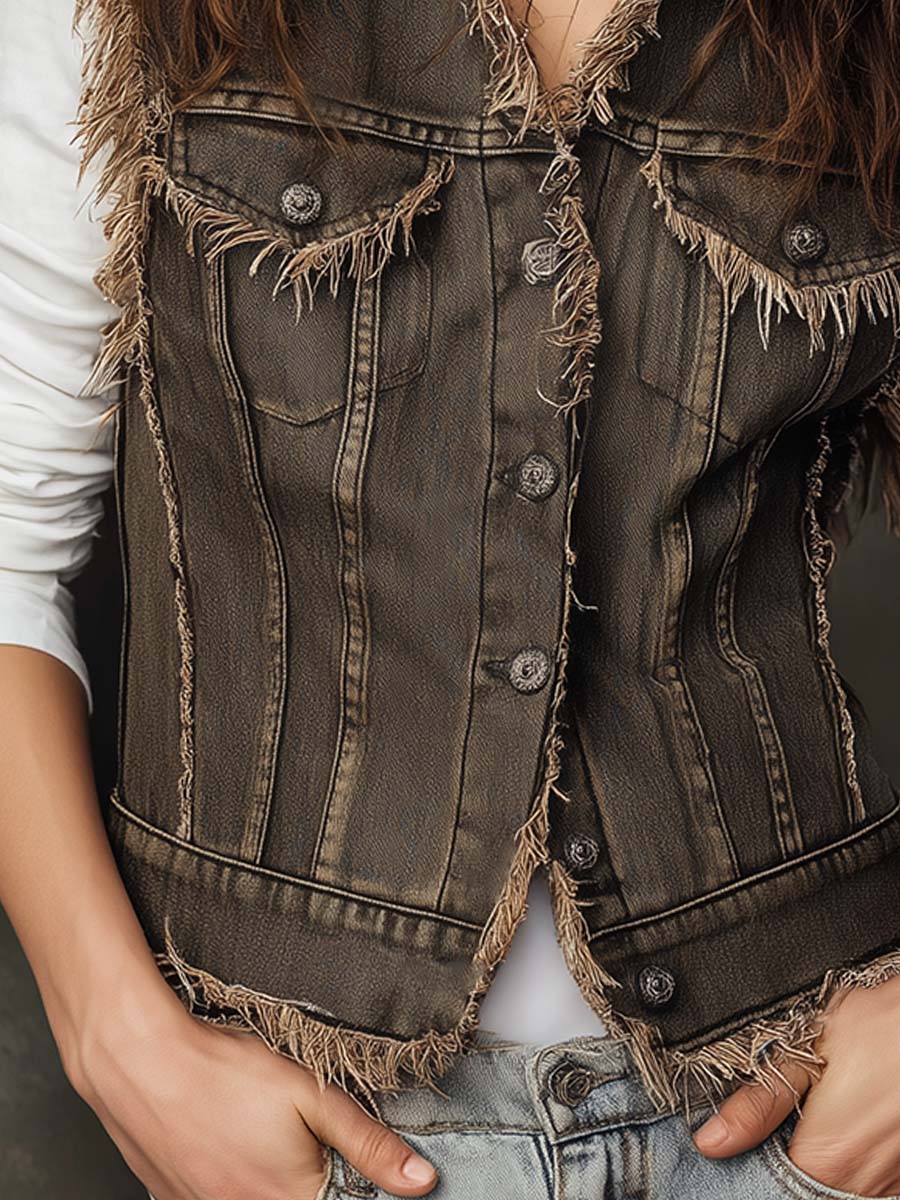 Vintage Distressed Frayed Denim Vest - Image 2