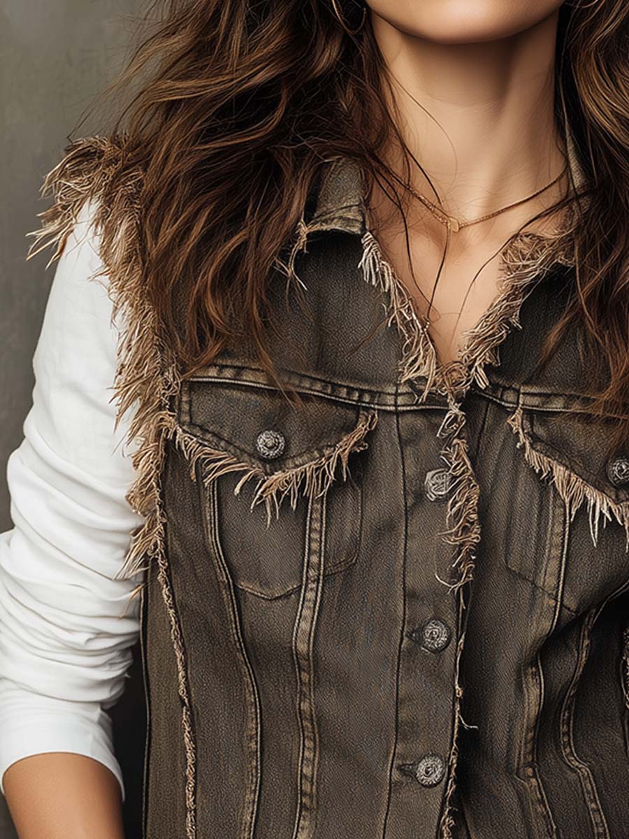 Vintage Distressed Frayed Denim Vest - Image 3