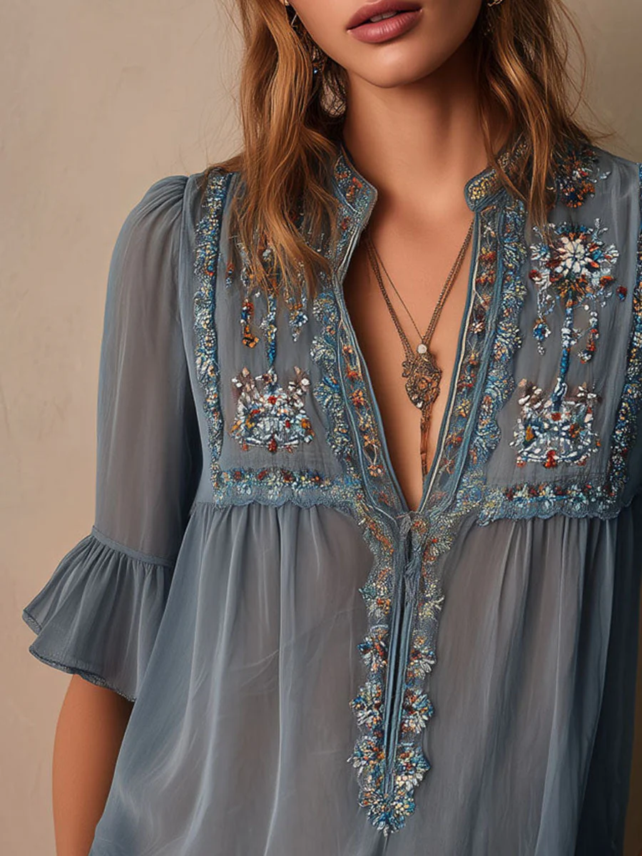 Vintage Dusty Blue Chiffon Floral Embroidered Blouse Flounce Sleeves - Image 2