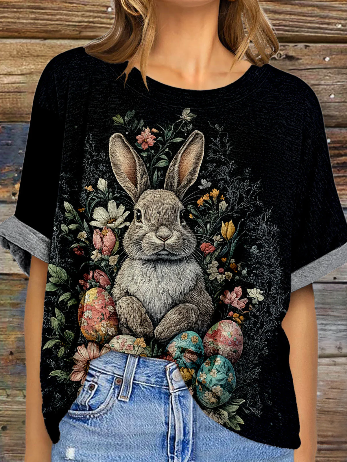 Vintage Easter Bunny Eggs Round Neck Drop Shoulder Short Sleeve T-shirt