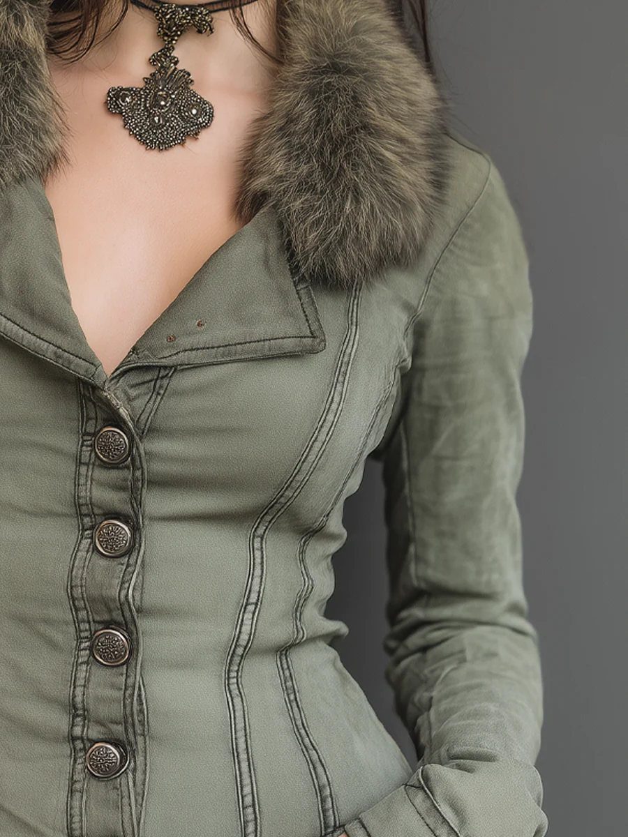 Vintage Eco-friendly Fur Collar Distressed Slim-fit Jacket - Image 2