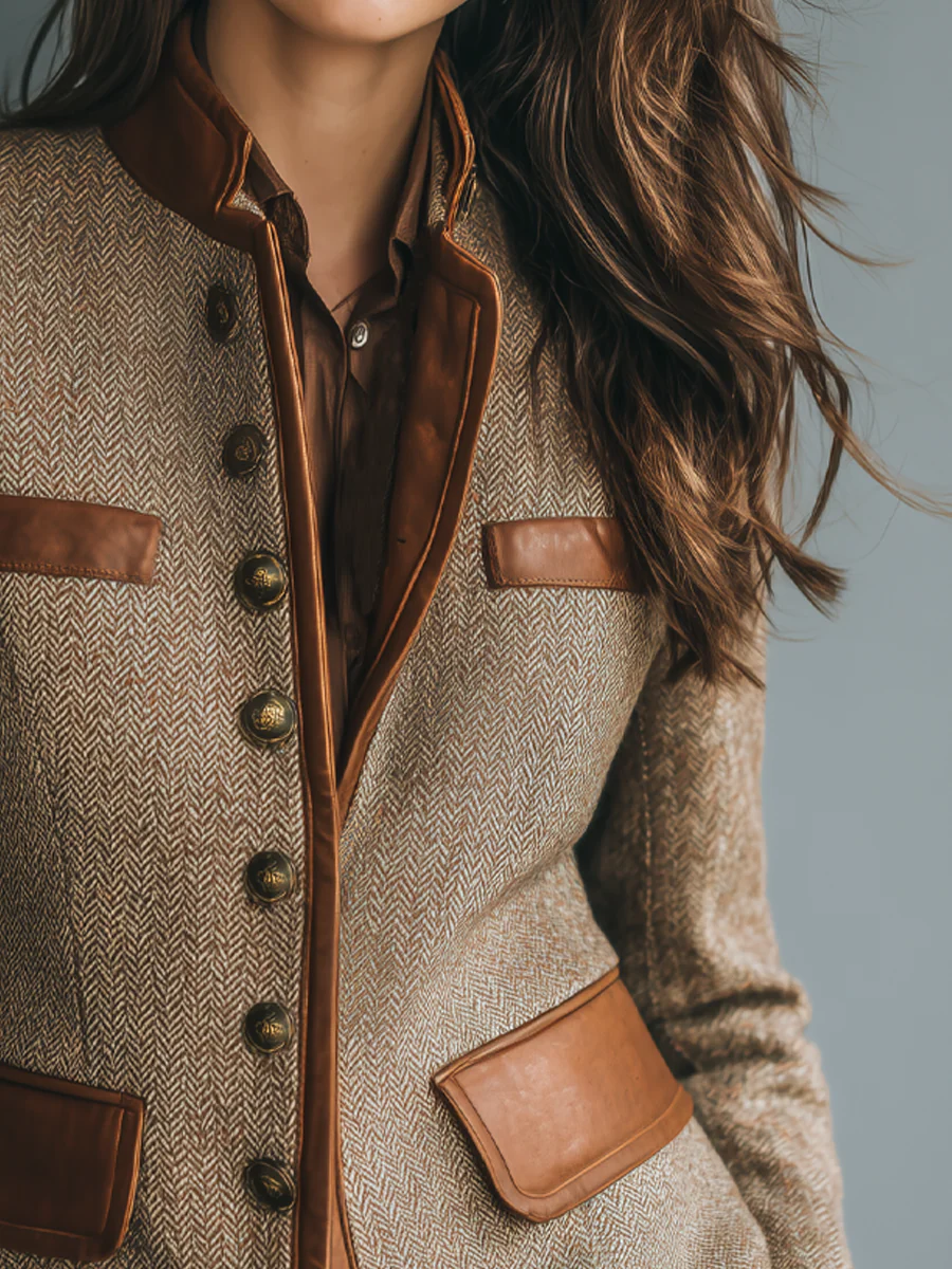 Vintage Eco-Leather Trim Pocket Tweed Jacket - Image 3