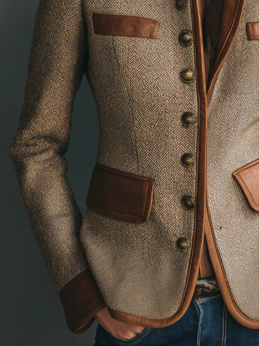 Vintage Eco-Leather Trim Pocket Tweed Jacket - Image 4